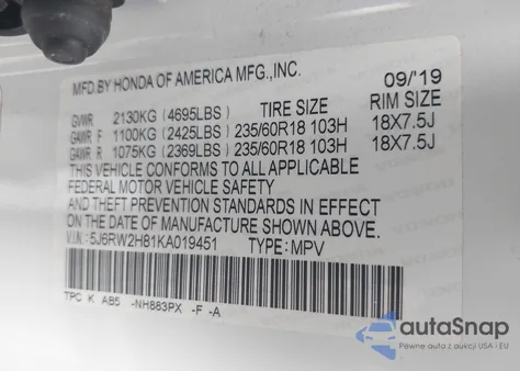 2019 Honda Cr-V Ex-L z USA, uszkodzony, nr VIN 5J6RW2H81KA019451